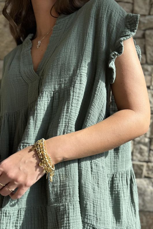 Tasha Cushion Cotton Cap Sleeve Tier Top Khaki